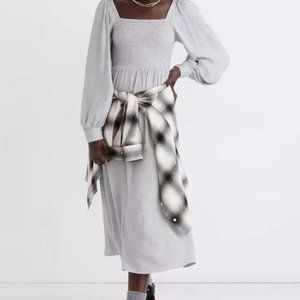 Madewell Heather Gray Smocked Lucie Bishop Sleeve Midi Dress Size L NWOT